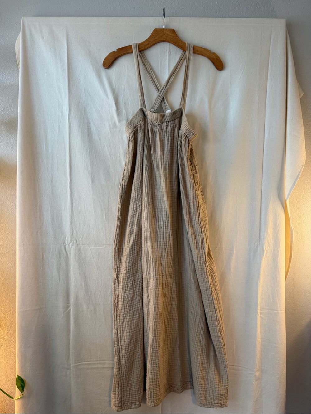 Neutral Beige 100% Cotton Crinkle Maxi Dress with Cross-Back Straps